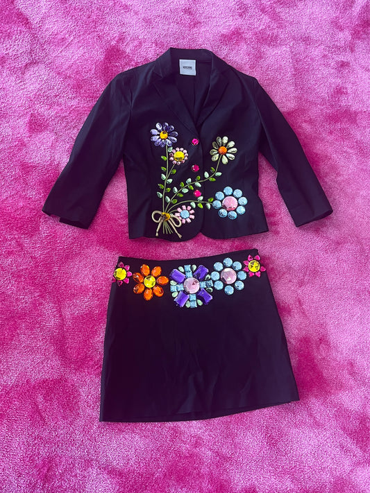 Moschino bejeweled blazer, skirt, and capri set